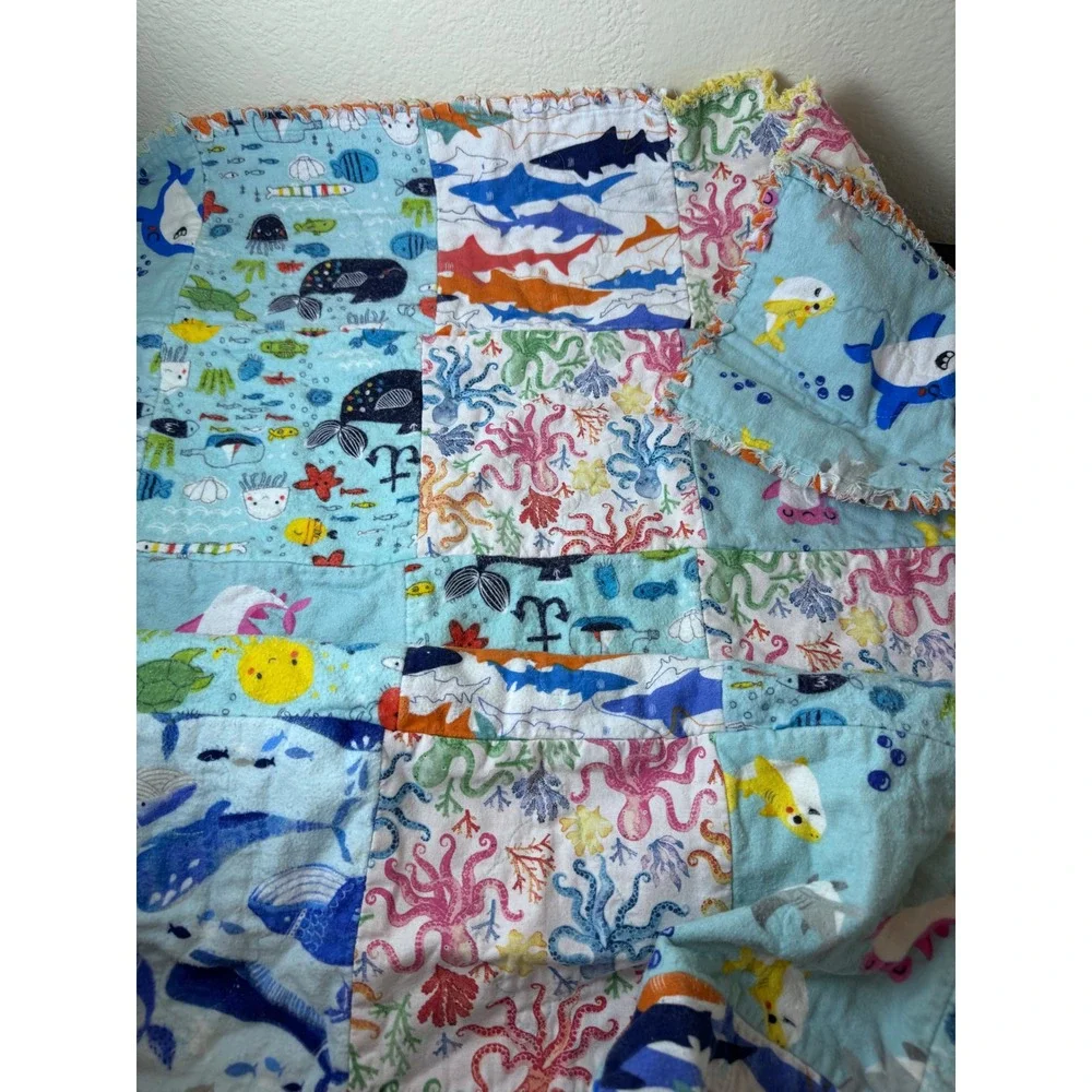 Handmade Shark Sea Creature Flannel Rag Quilt Kids Soft Coastal Nautical‎ Indie